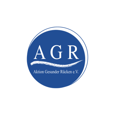 AGR (Aktion Gesunder R&uuml;cken e.V.) rundt bl&aring;t logo med hvid &ldquo;AGR&rdquo;-tekst og organisationsnavnet &ldquo;Aktion Gesunder R&uuml;cken e.V.&rdquo; vist under en buet linje.